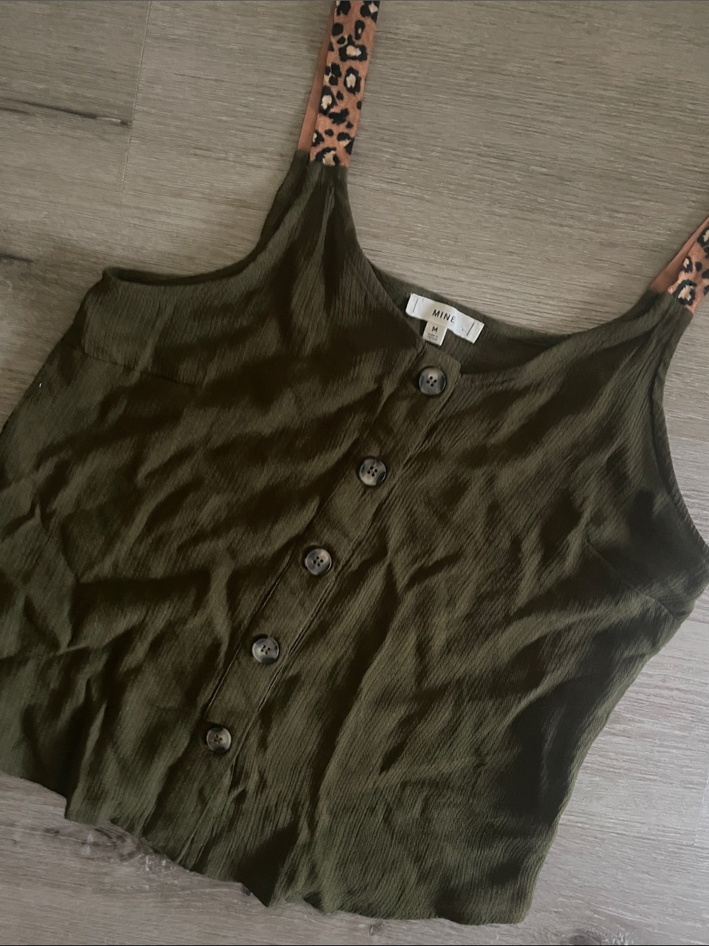 MINE Olive Green Button-Front Cami with Leopard Print Straps | Women’s Medium